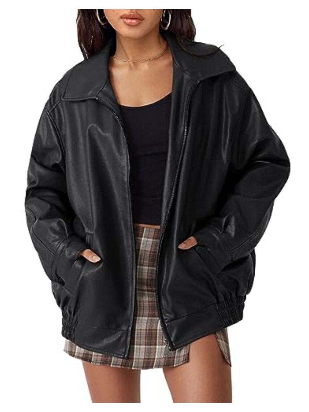 Oversized Faux Leather Moto Jacket Zip Up Quilted Fall Winter Coat